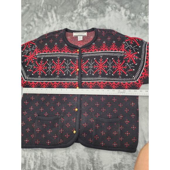 Vintage Crystal-Kobe Snowflake Cardigan Sweater L PETITE Black Red Gold Buttons - Picture 6 of 8